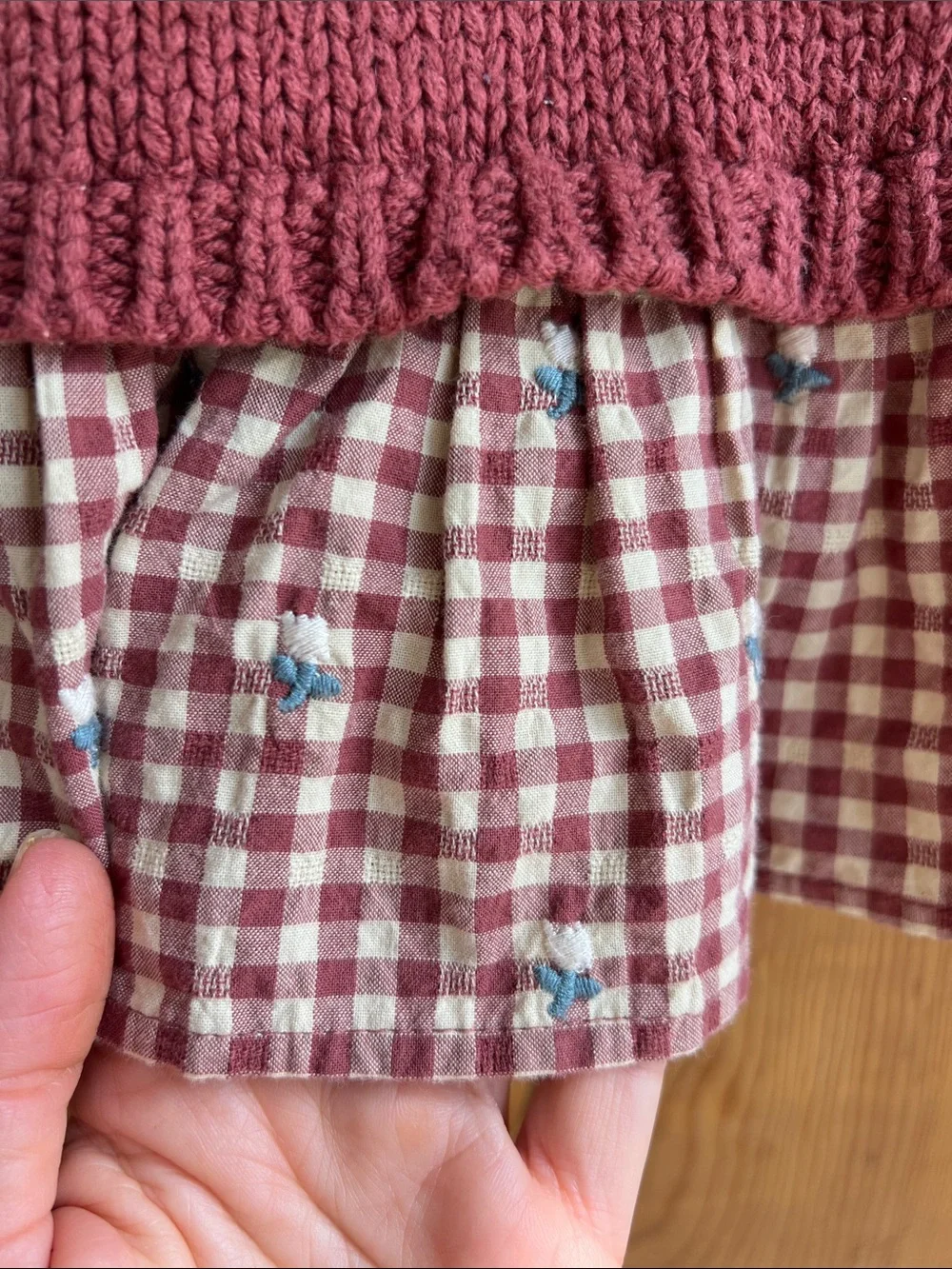 Zara | Girls' Burgundy Knit Peplum Top with Gingham Sleeves